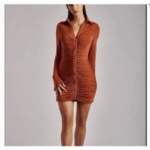 MESHKI alexandra ruched long sleeve mini dress burnt orange